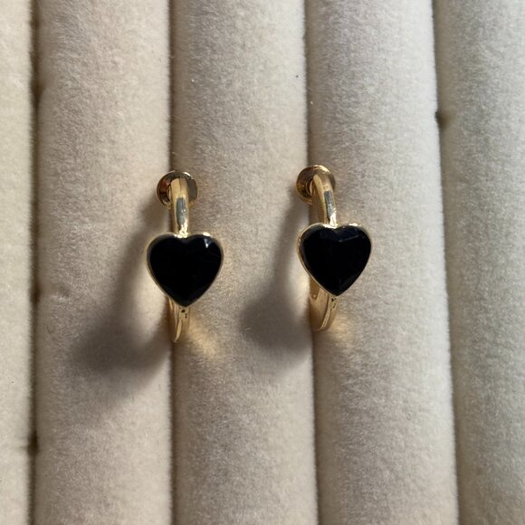 Gold Small Hoops with Black Heart Charm 🖤✨ - Picture 1 of 2